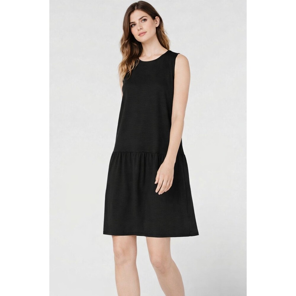 EILEEN FISHER Black Mini Dress XL Drop Waist Fine Tencel Women’s USA MADE S19FTJ